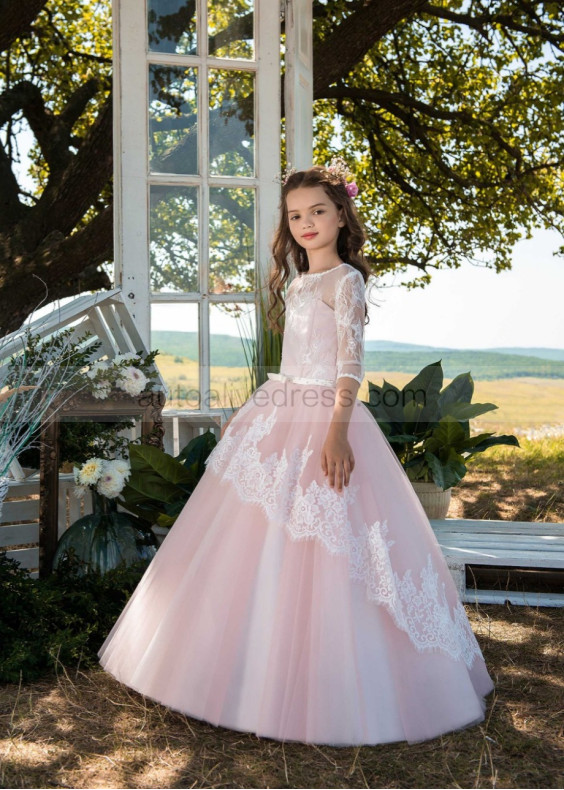 Ivory Eyelash Lace Pink Tulle Princess Flower Girl Dress